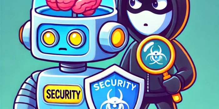 DALL·E 2025-03-04 15.32.28 – A 2D flat cartoon illustration of a robot with a glowing brain holding a shiny shield labeled ‘Security’. The robot looks confident but slightly confu