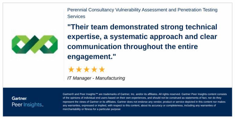 Verified Gartner review showing client testimonial praising our manual penetration testing expertise and clear communciation.